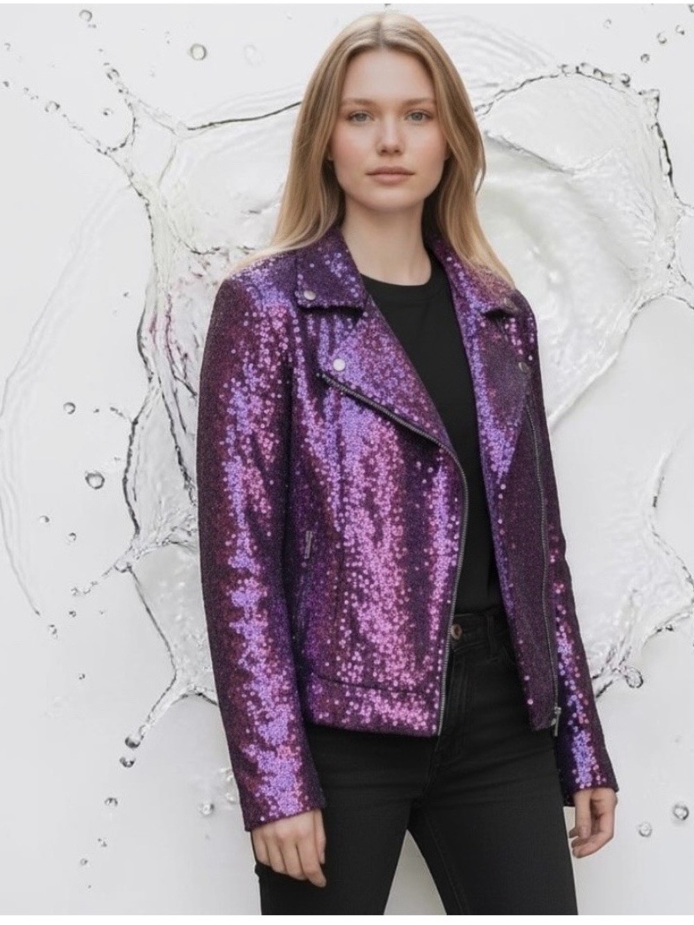 NWT Colleen Lopez Purple Sequin Moto Jacket Asymmetrical Zip